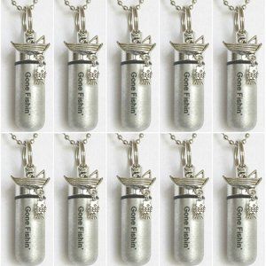 BEAUTIFUL SET OF 10 GONE FISHIN' FISHERMAN CREMATION NECKLACES, Memorial Jewelry
